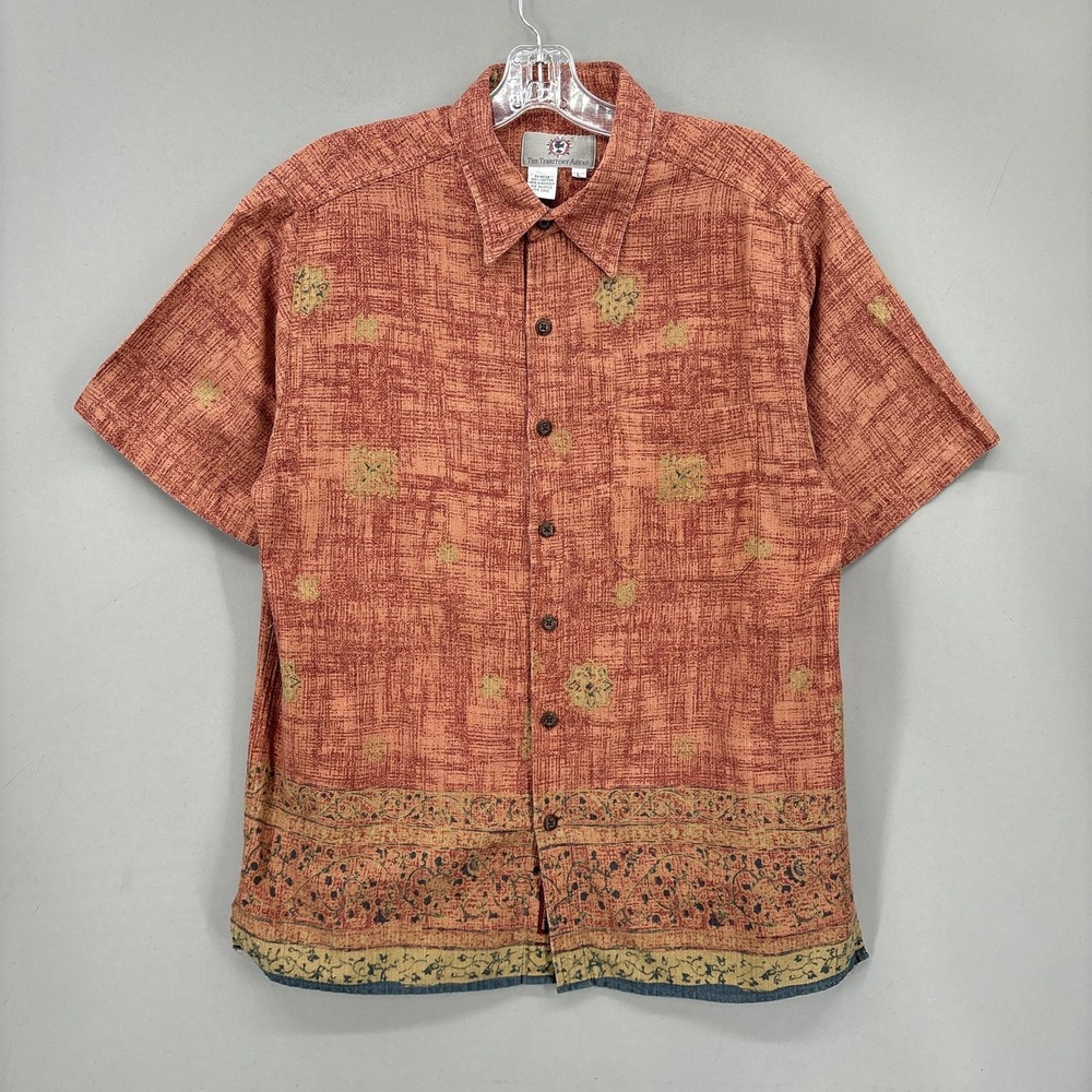 Territory Ahead Shirt Mens Large Orange Floral Batik Button Up‎ Short Sleeve
